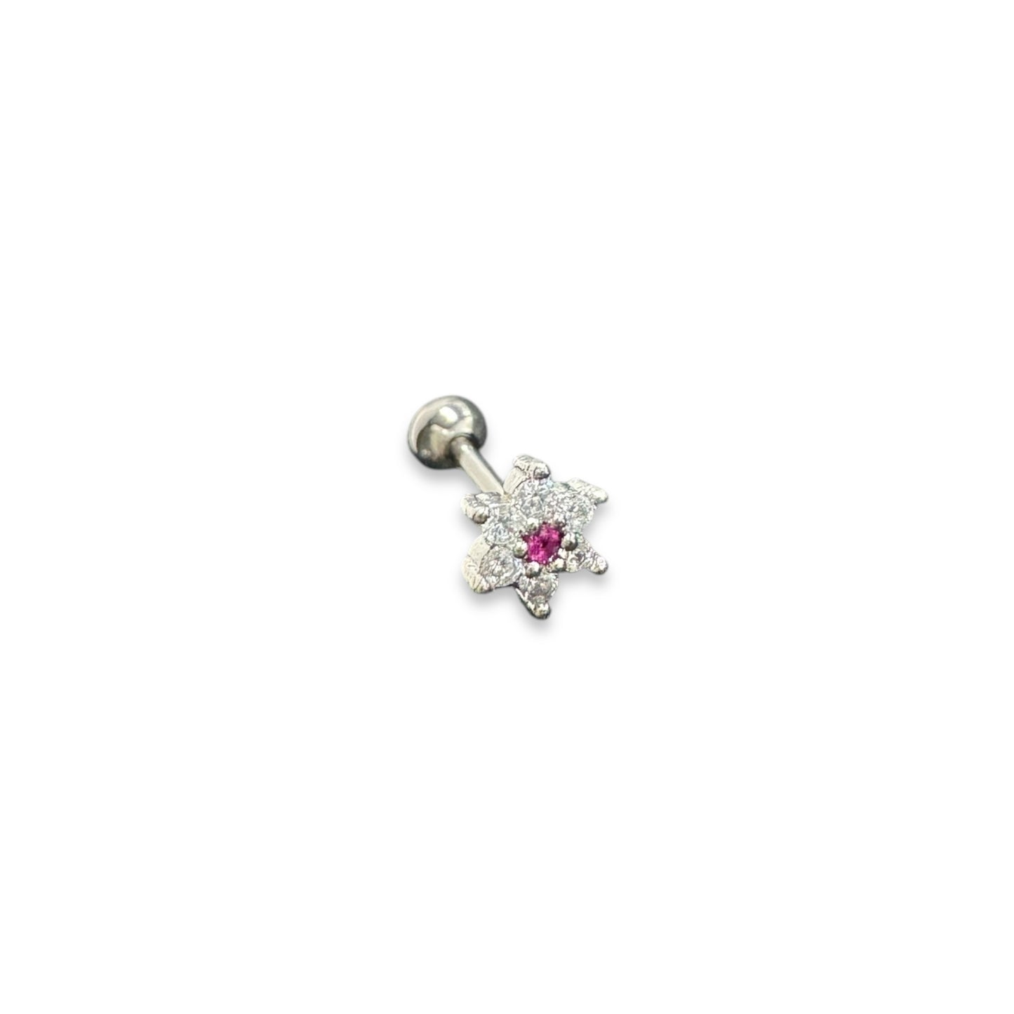 Piercing mini flor centro fuscia plateada